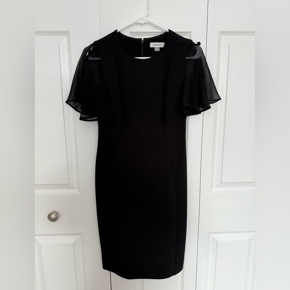 Calvin Klein Black Dress Women's Size 6P Sheer Sleeves Buttons Midi Dress Fancy